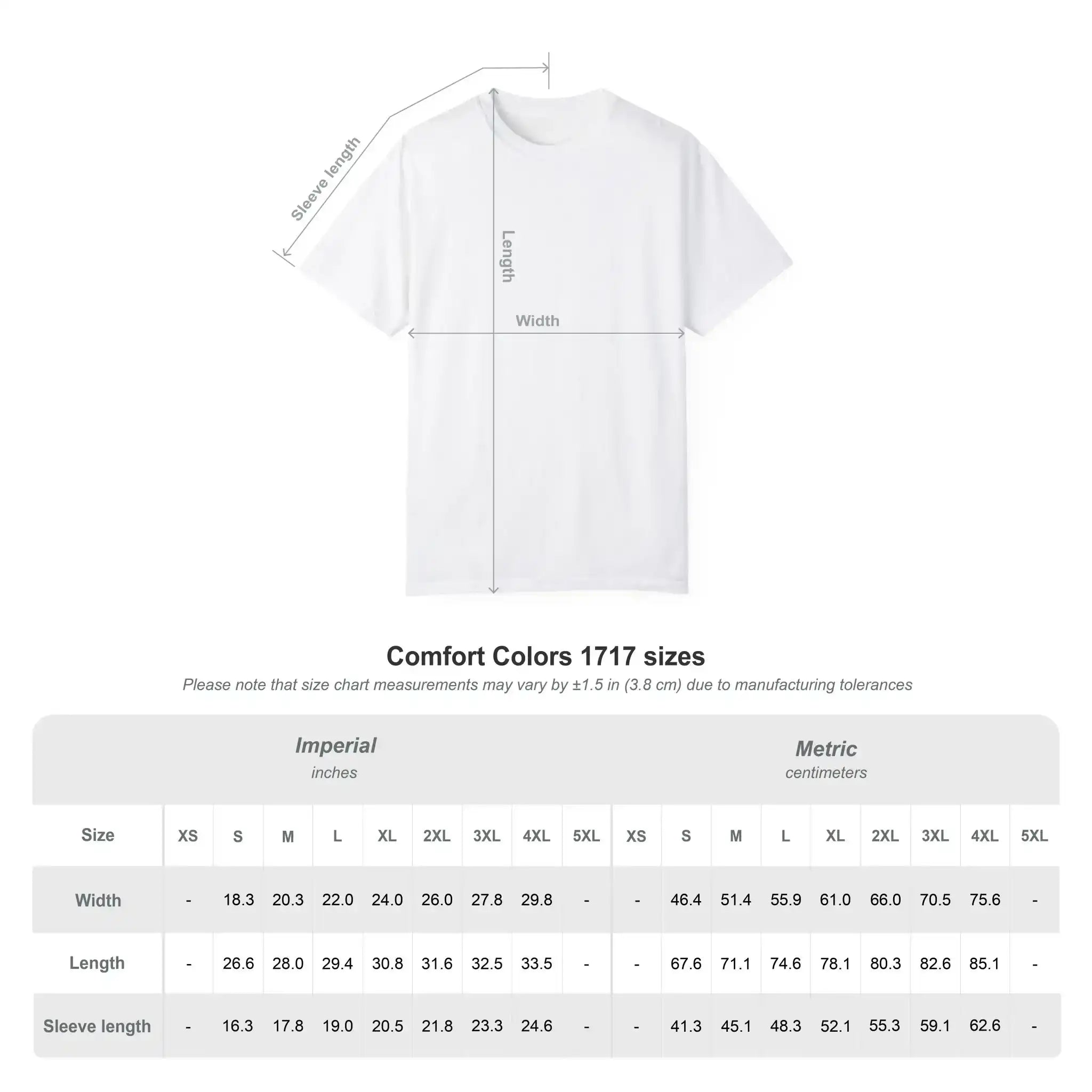 AEMBR Comfort Colors 1717 t-shirt size chart in inches and centimeters with measuring diagram
