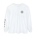 AEMBR white long sleeve shirt with black logo on chest and brand name on sleeve