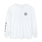 White long sleeve shirt with minimalist black logo on chest and branding on sleeve