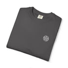 AEMBR charcoal t-shirt with embroidered logo, folded on a white background