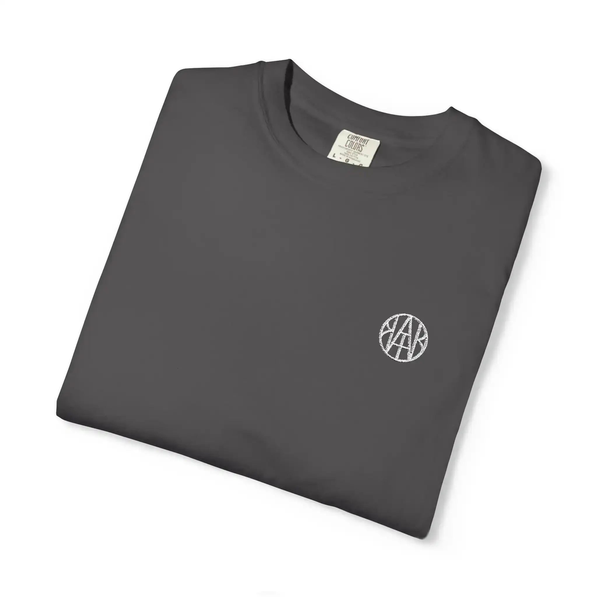 AEMBR charcoal t-shirt with embroidered logo, folded on a white background