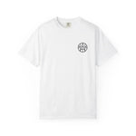White AEMBR t-shirt with black circular logo on chest, minimalist design