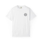 White organic cotton t-shirt with minimalist black circular logo on chest, non-toxic materials