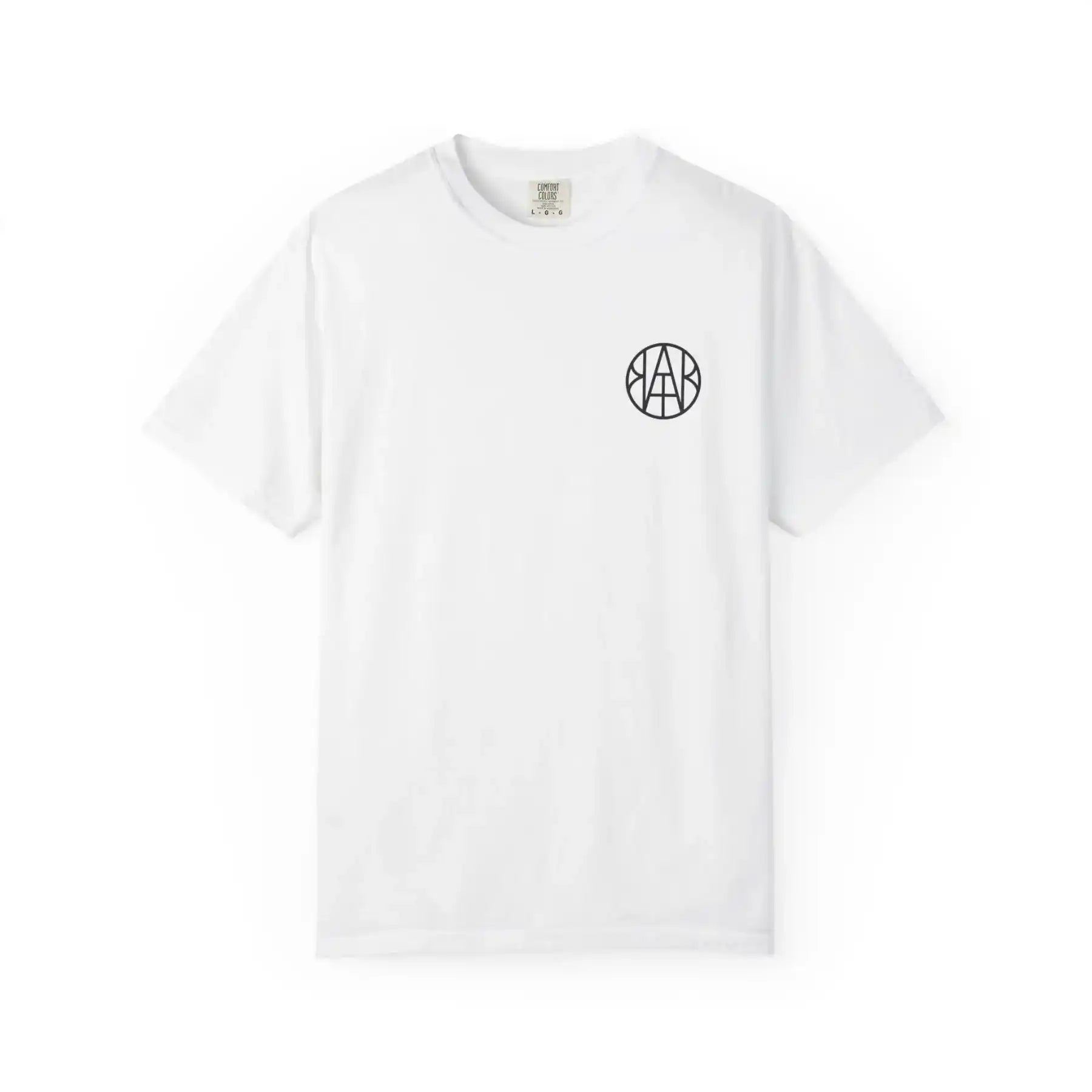 White organic cotton t-shirt with minimalist black circular logo on chest, non-toxic materials