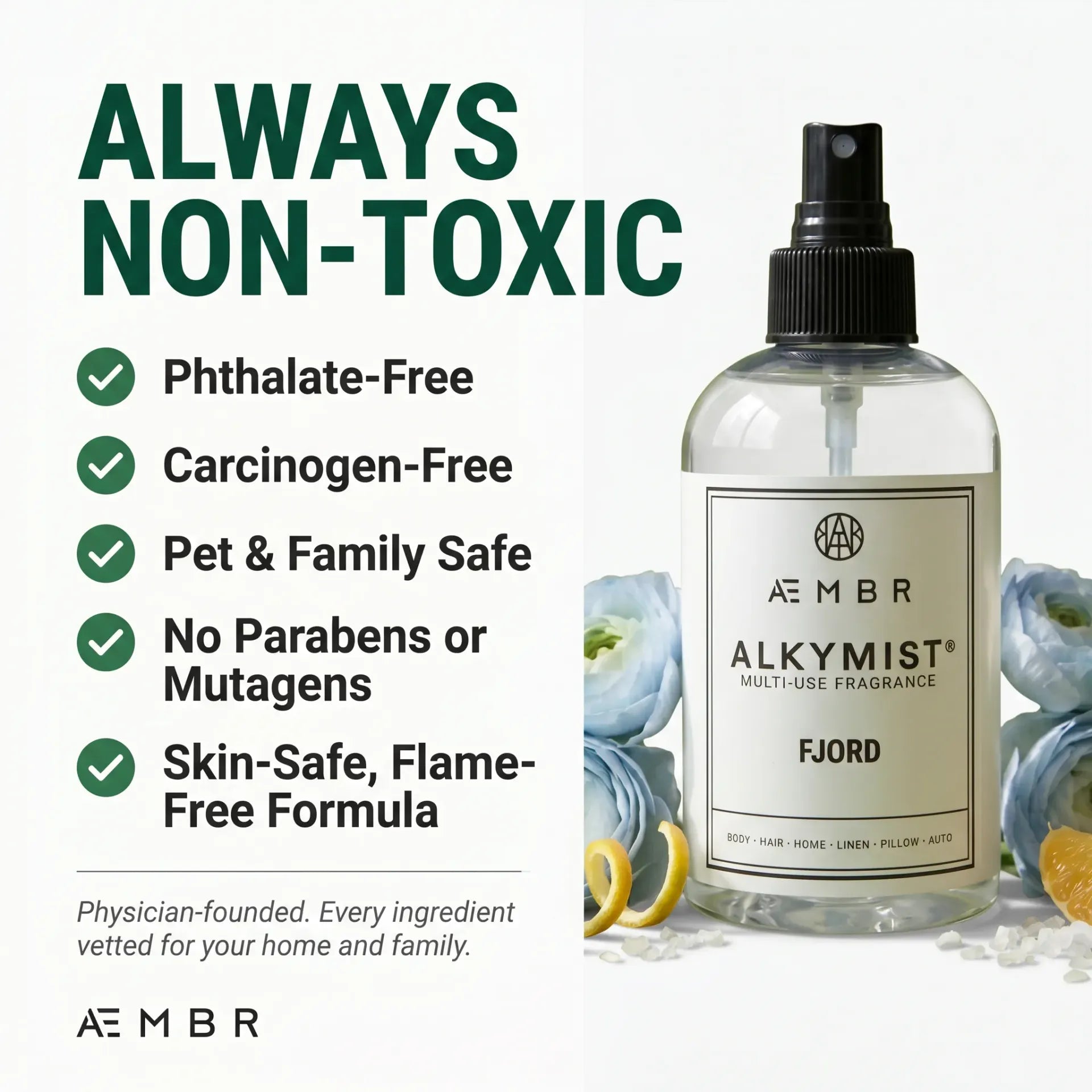 AEMBR Alkymist® Fjord multi-use room spray bottle with a sleek design, ready for freshening indoor spaces.