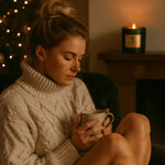 Woman in cozy knit sweater holding mug by candlelight, winter home ambiance, AEMBR lifestyle