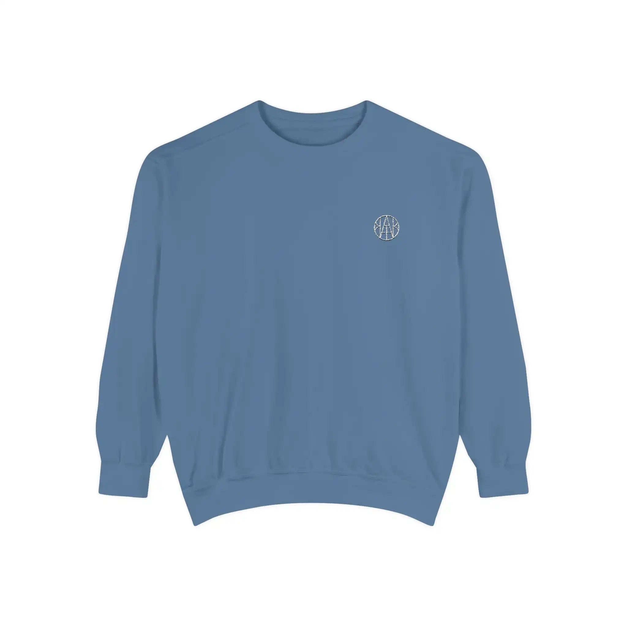 AEMBR blue crewneck sweatshirt with minimalist logo on chest, product on white background