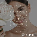 Woman holding white flower, AEMBR logo, text plant-based and phthalate-free highlighted.