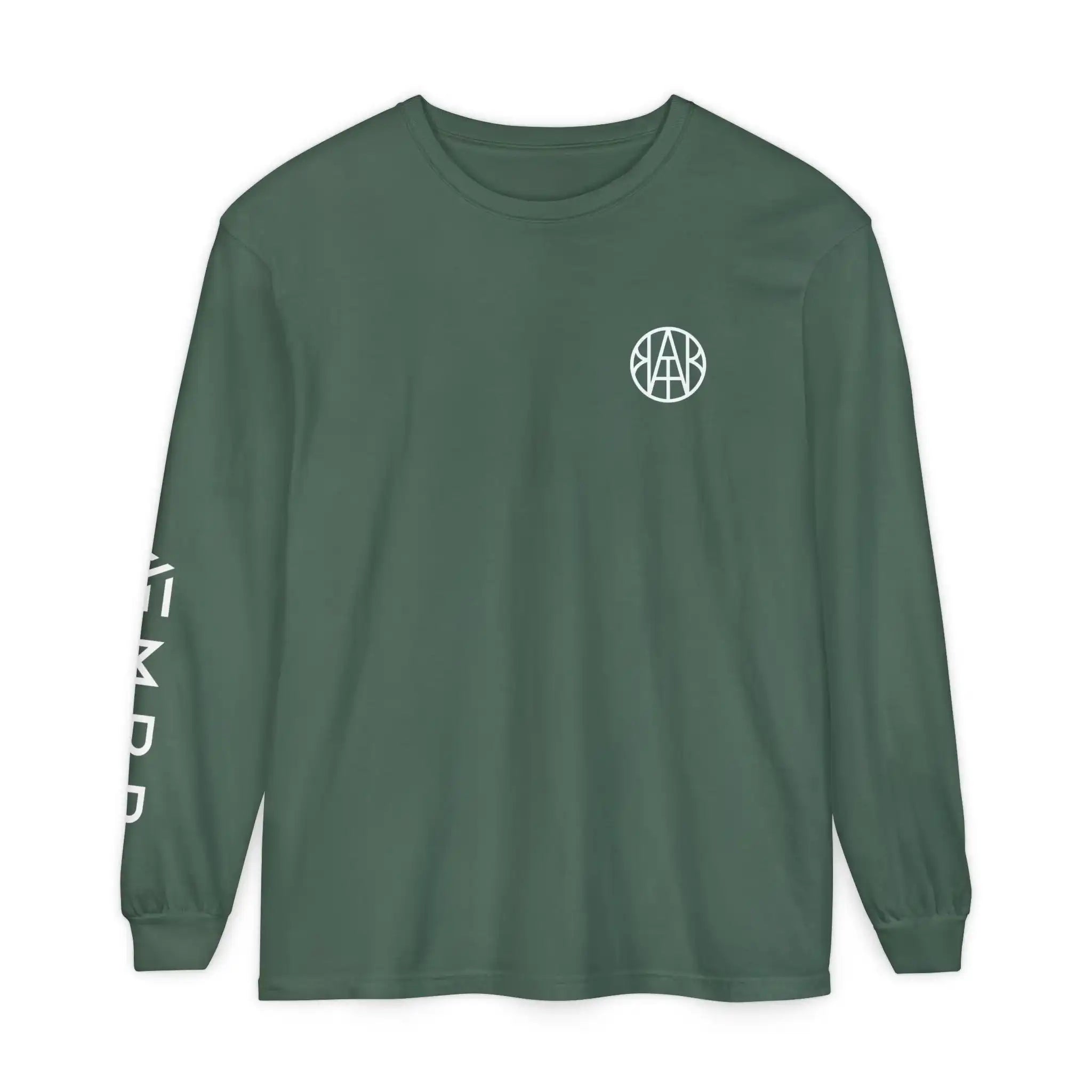 AEMBR green long sleeve shirt with white logo on chest and brand name on left sleeve