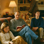 Family relaxing in cozy living room with books, candles, and dog, promoting non-toxic home