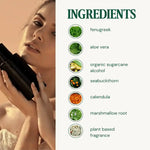 Woman holding dark bottle beside AEMBR natural ingredients list: fenugreek, aloe vera, sugarcane alcohol, seabuckthorn, calendula, marshmallow root, plant-based fragrance.