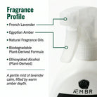 AEMBR Multi Surface Spray fragrance profile macro — French Lavender, Egyptian Amber, biodegradable plant-derived formula, nozzle close-up
