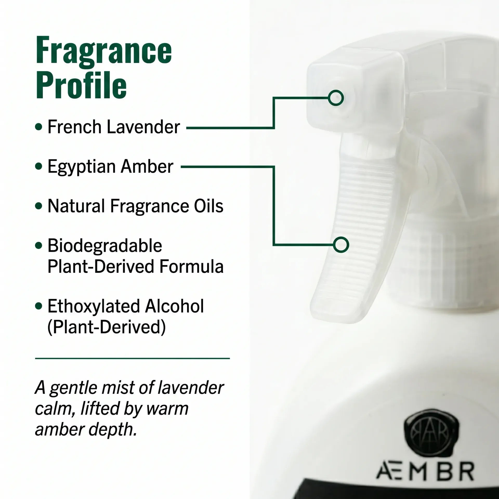 AEMBR Multi Surface Spray fragrance profile macro — French Lavender, Egyptian Amber, biodegradable plant-derived formula, nozzle close-up