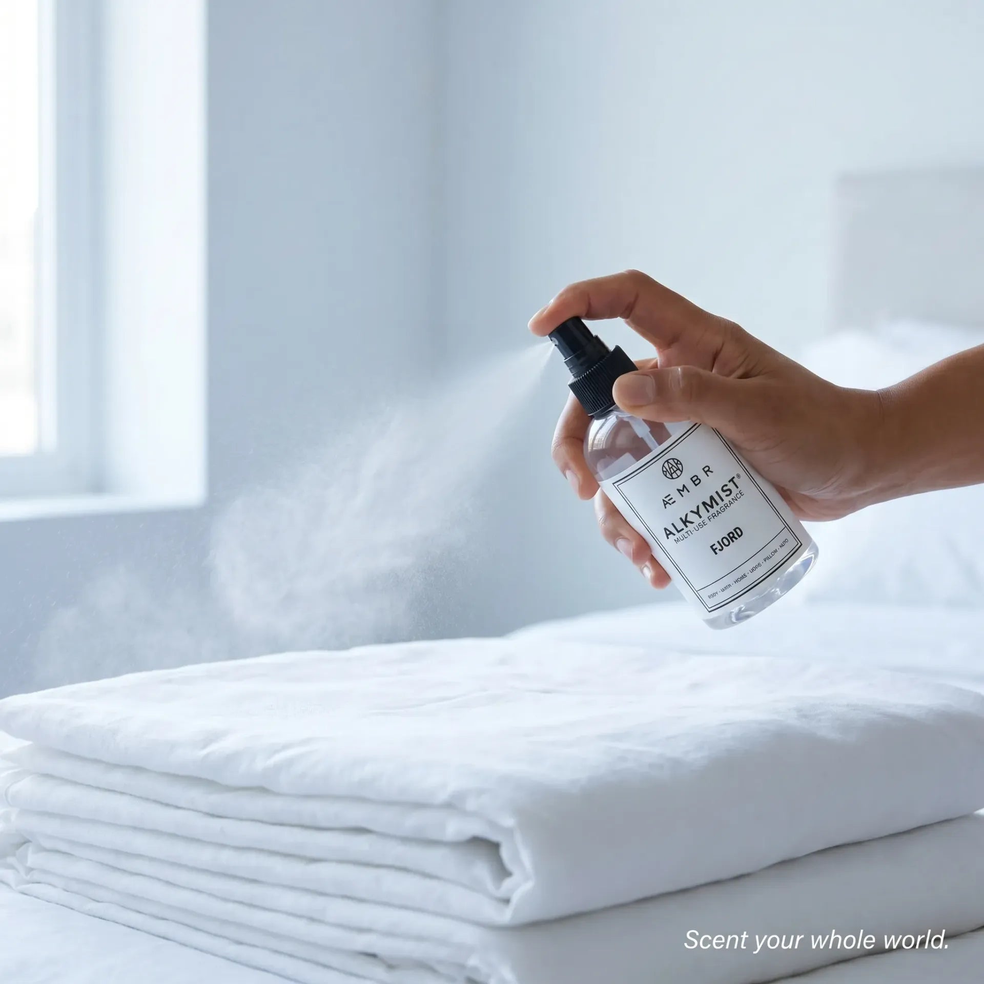 Alkymist® Fjord multi-use fragrance spray by AEMBR in a sleek bottle, ready to freshen rooms with a refreshing scent.