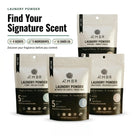 AEMBR laundry bundle with three scent sampler packs of laundry powder, featuring colorful packaging and scent variety.