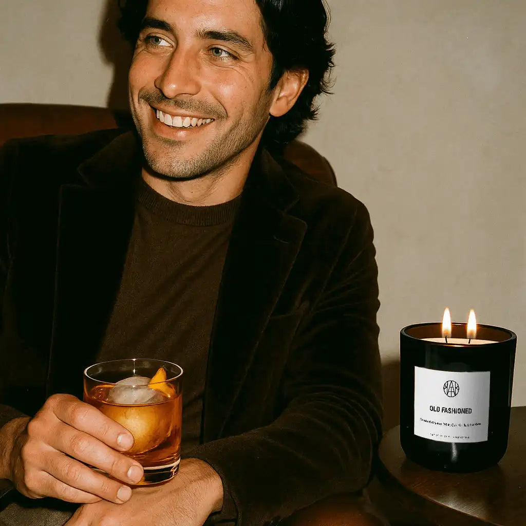 Smiling man with drink beside AEMBR Old Fashioned non-toxic black candle on table