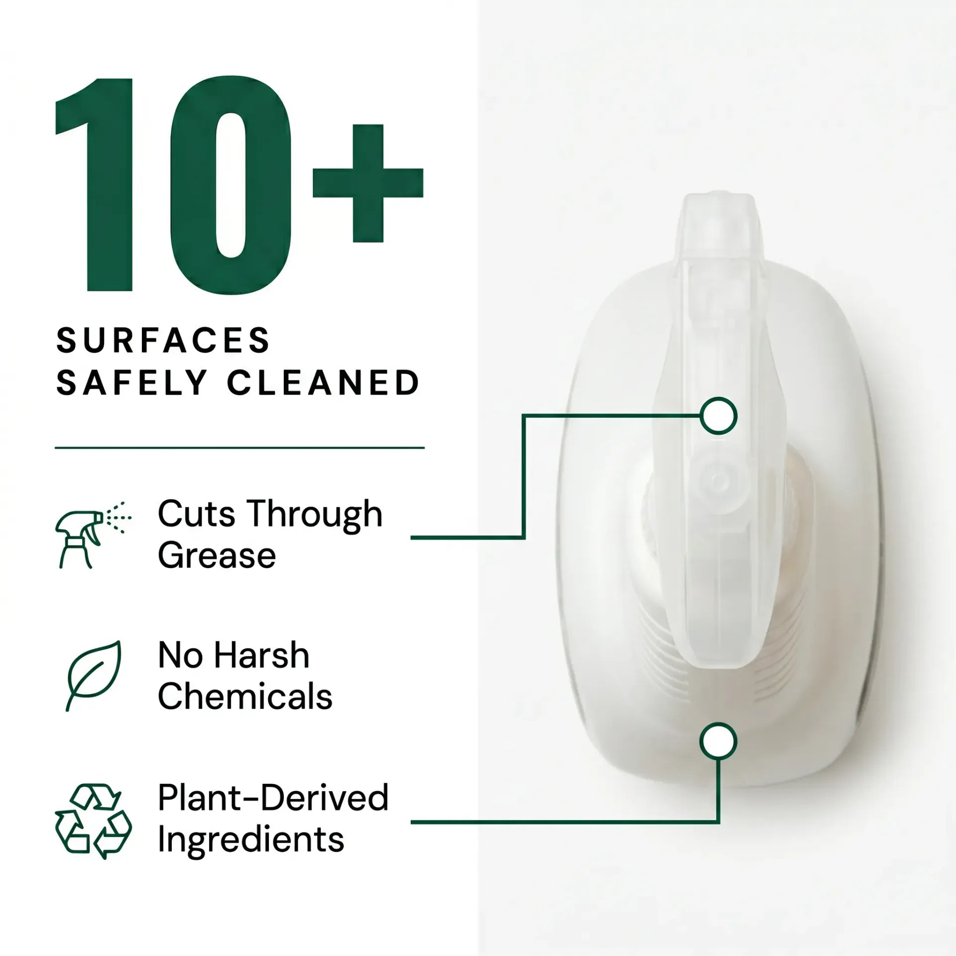 AEMBR Multi Surface Spray overhead view — 10+ surfaces safely cleaned, cuts through grease, no harsh chemicals, plant-derived ingredients