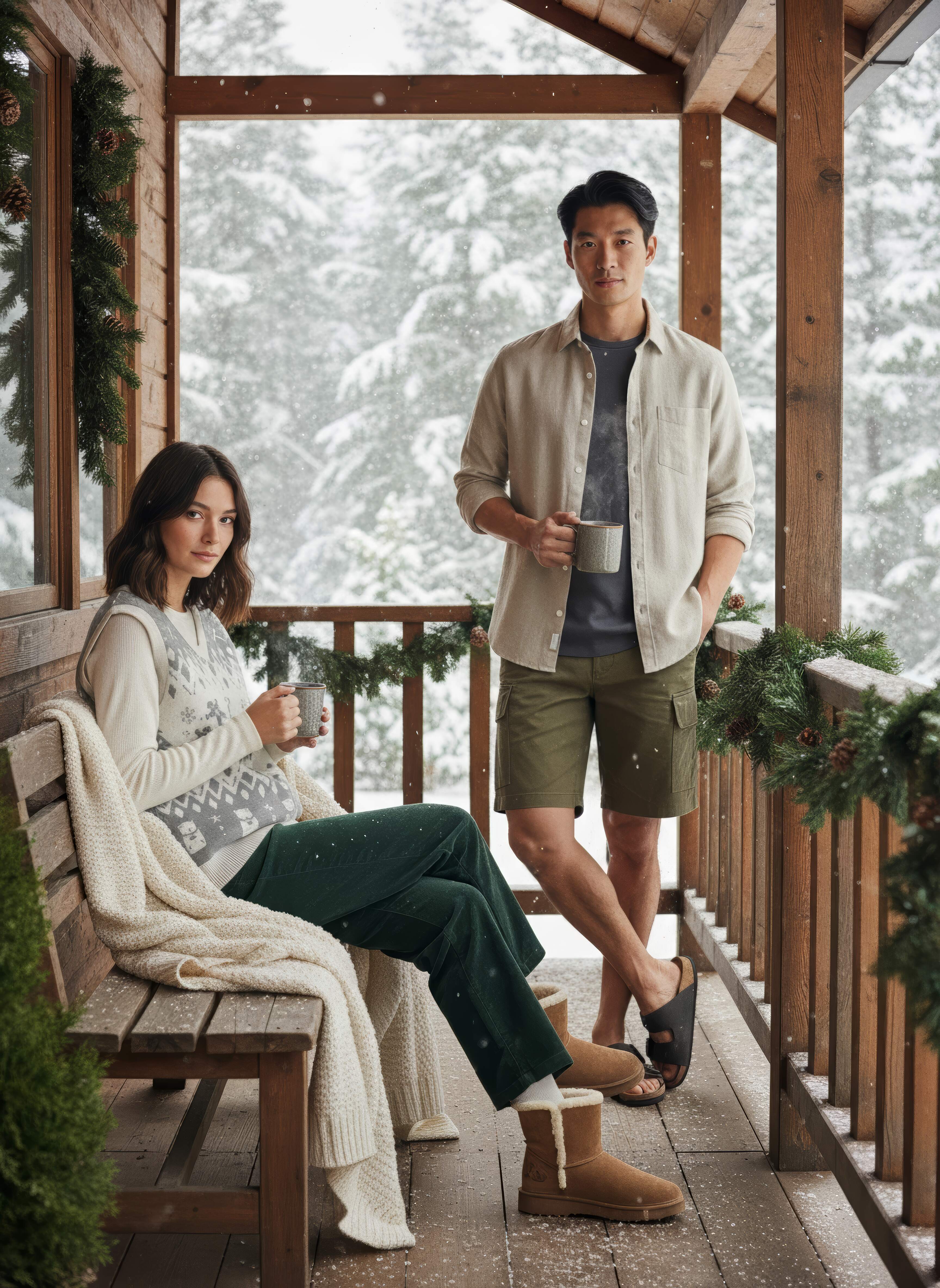 Two people on a wooden porch during winter with snow-covered trees in the background.