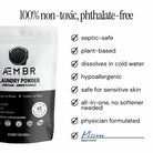AEMBR non-toxic laundry powder bag with benefits list, phthalate-free, plant-based, hypoallergenic.