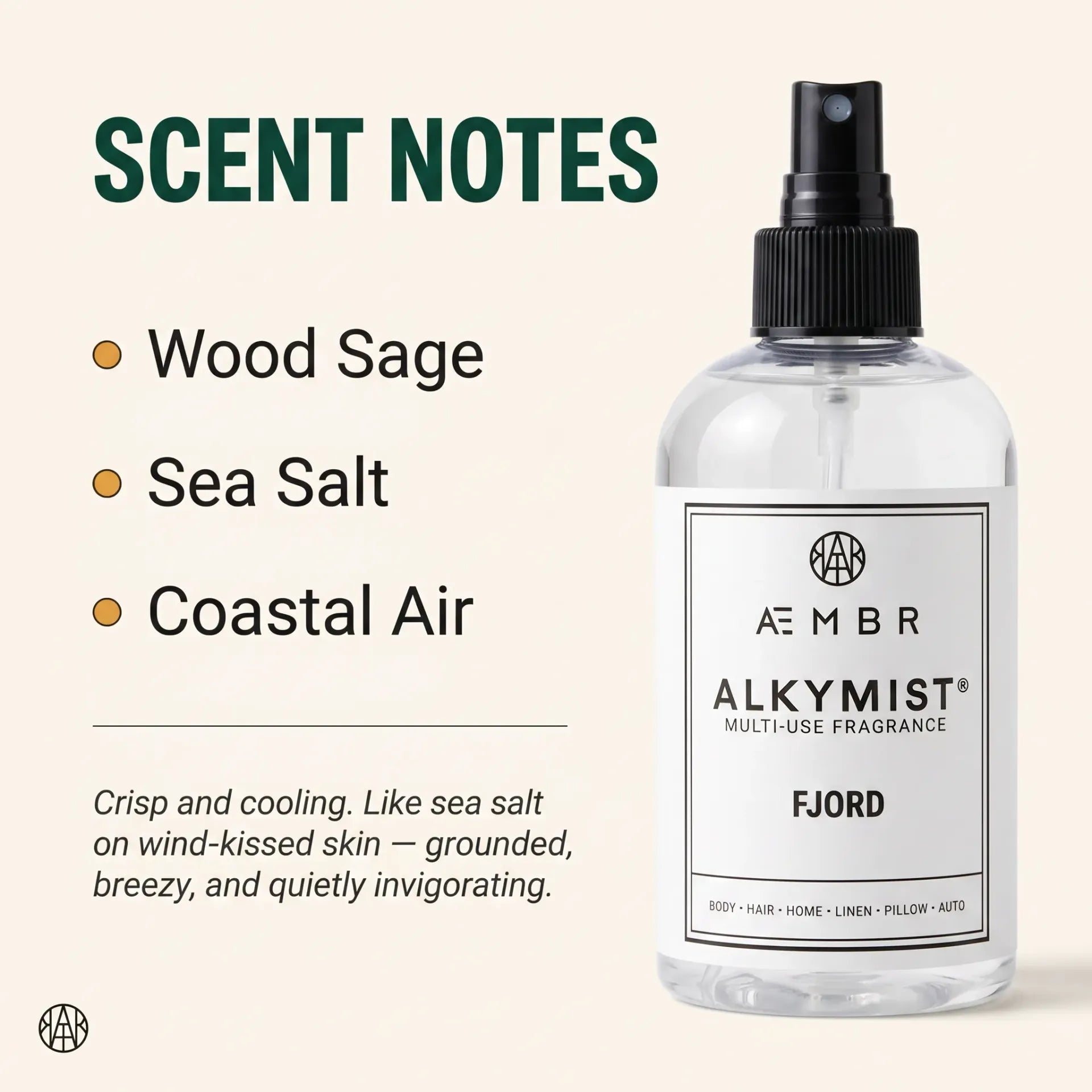 Alkymist® Fjord multi-use room spray by AEMBR featuring a sleek bottle with a fresh, aquatic fragrance.