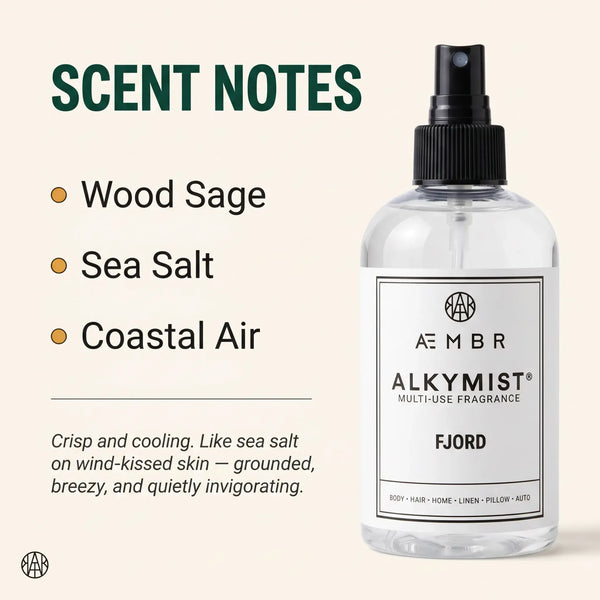 AEMBR Alkymist® Fjord multi-use room spray bottle with a sleek design, ready for freshening indoor spaces.