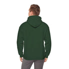 Man wearing dark green AEMBR hoodie, back view, casual fit, white background