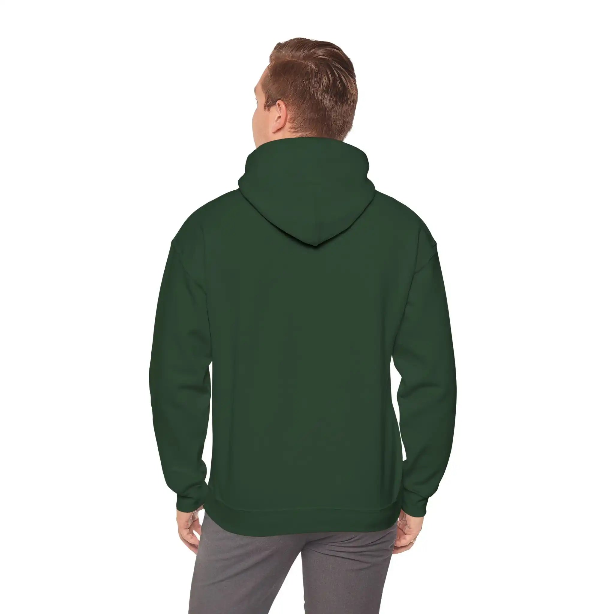Man wearing dark green AEMBR hoodie, back view, casual fit, white background