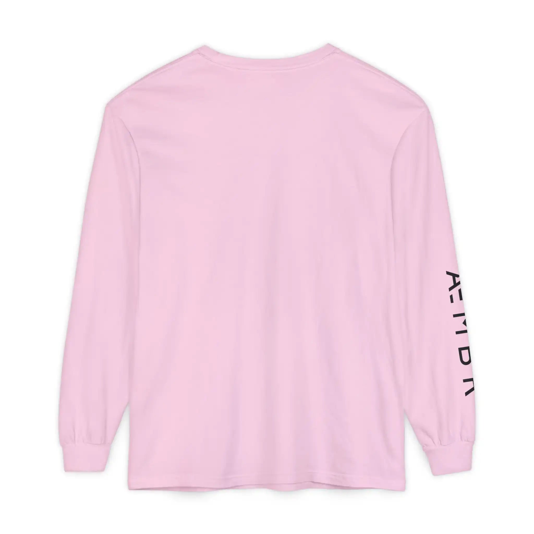AEMBR pastel pink long sleeve shirt with AEMBR logo on sleeve, flat lay, minimalist style