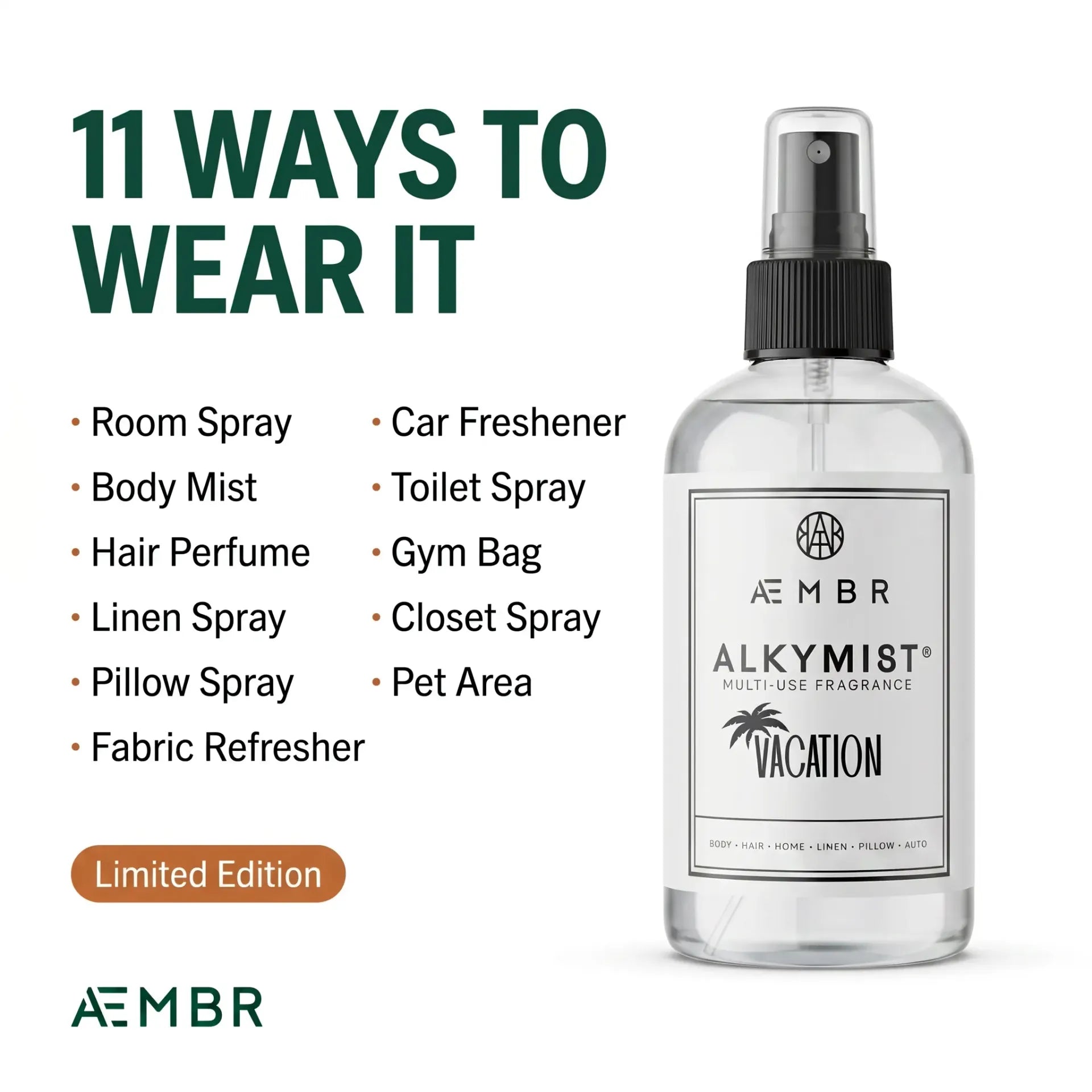 AEMBR ALKYMIST Vacation — 11 uses: body mist, room spray, hair perfume, linen spray, pillow spray, fabric refresher, car, toilet, gym bag, closet, pet area