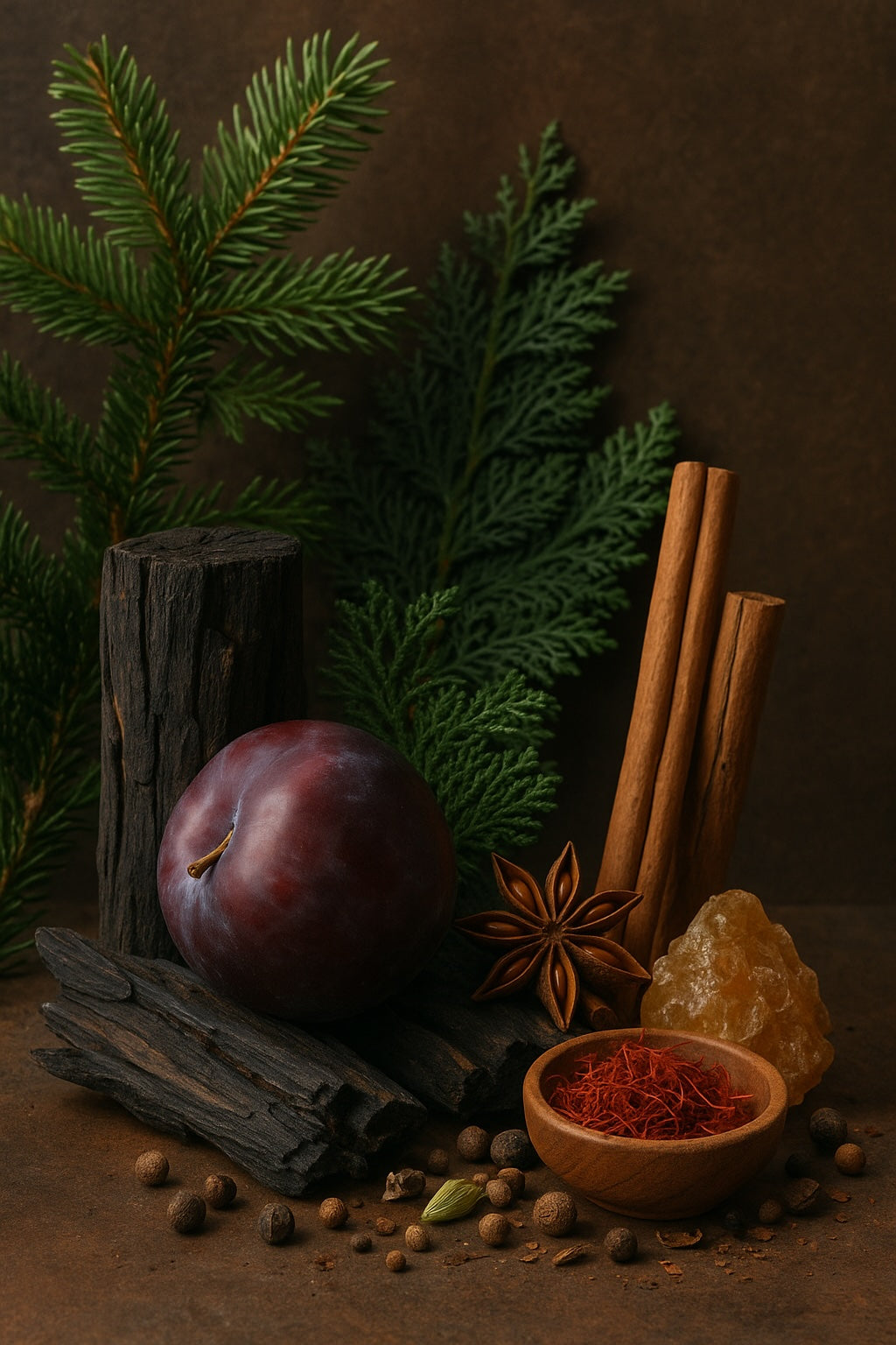 Still life with plums, cinnamon sticks, pine branches, and spices on a dark background
