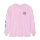 AEMBR light pink long sleeve shirt with logo on chest and brand name on sleeve