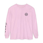 Light pink long sleeve shirt with black circular logo on chest and AEMBR text on sleeve