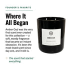 AEMBR Amber Oud Candle displaying a sleek glass container with a lit wick and warm amber and oud scent notes.