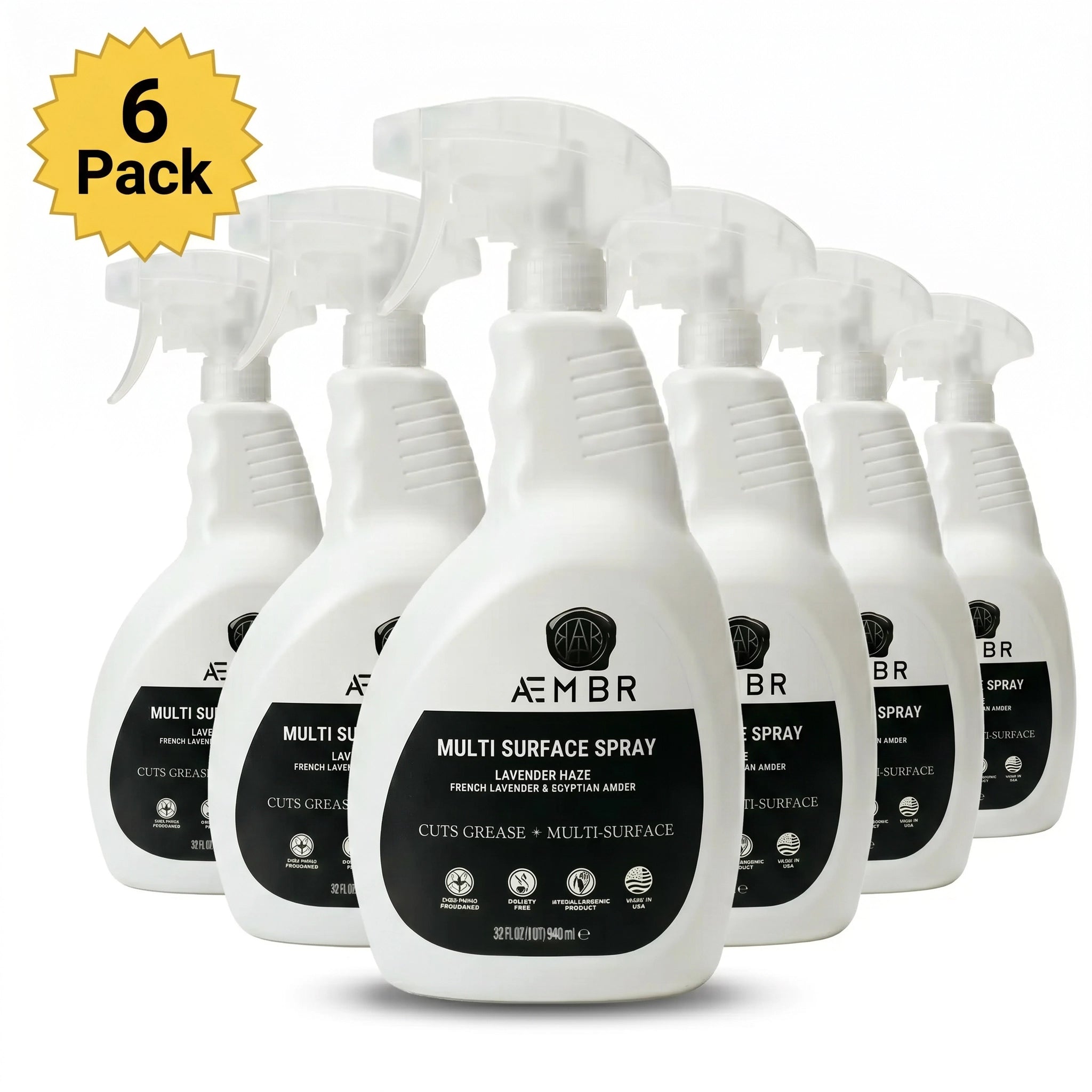 Six-pack of AEMBR multi-surface spray bottles, versatile cleaning products for various surfaces in a bundled set.