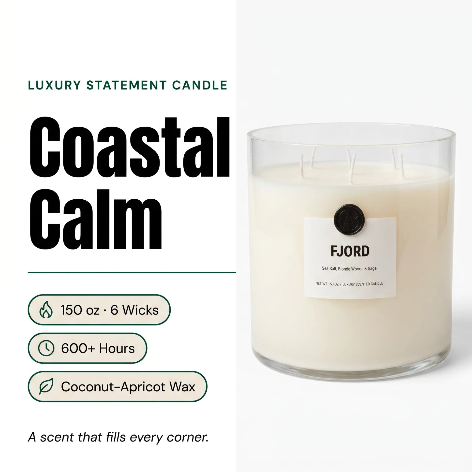AEMBR The Valkyrie Fjord candle with sea salt and sage scent, shown in a sleek glass jar with a lit wick.