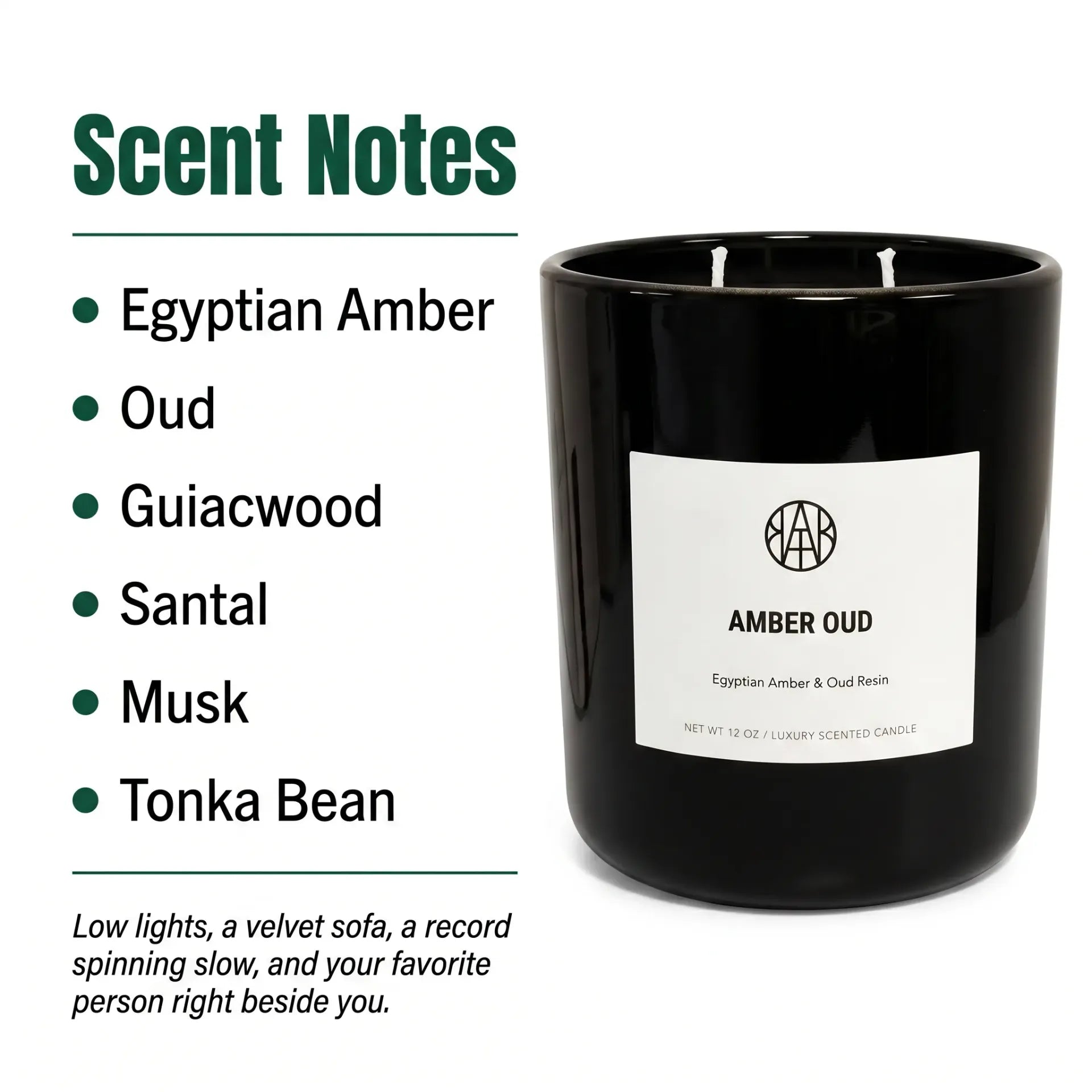 AEMBR Amber Oud candle in a glass holder, featuring warm amber and oud scent notes, perfect for cozy home ambiance.