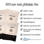 AEMBR non-toxic, phthalate-free laundry powders with labels and key features listed, plant-based, septic-safe, hypoallergenic.