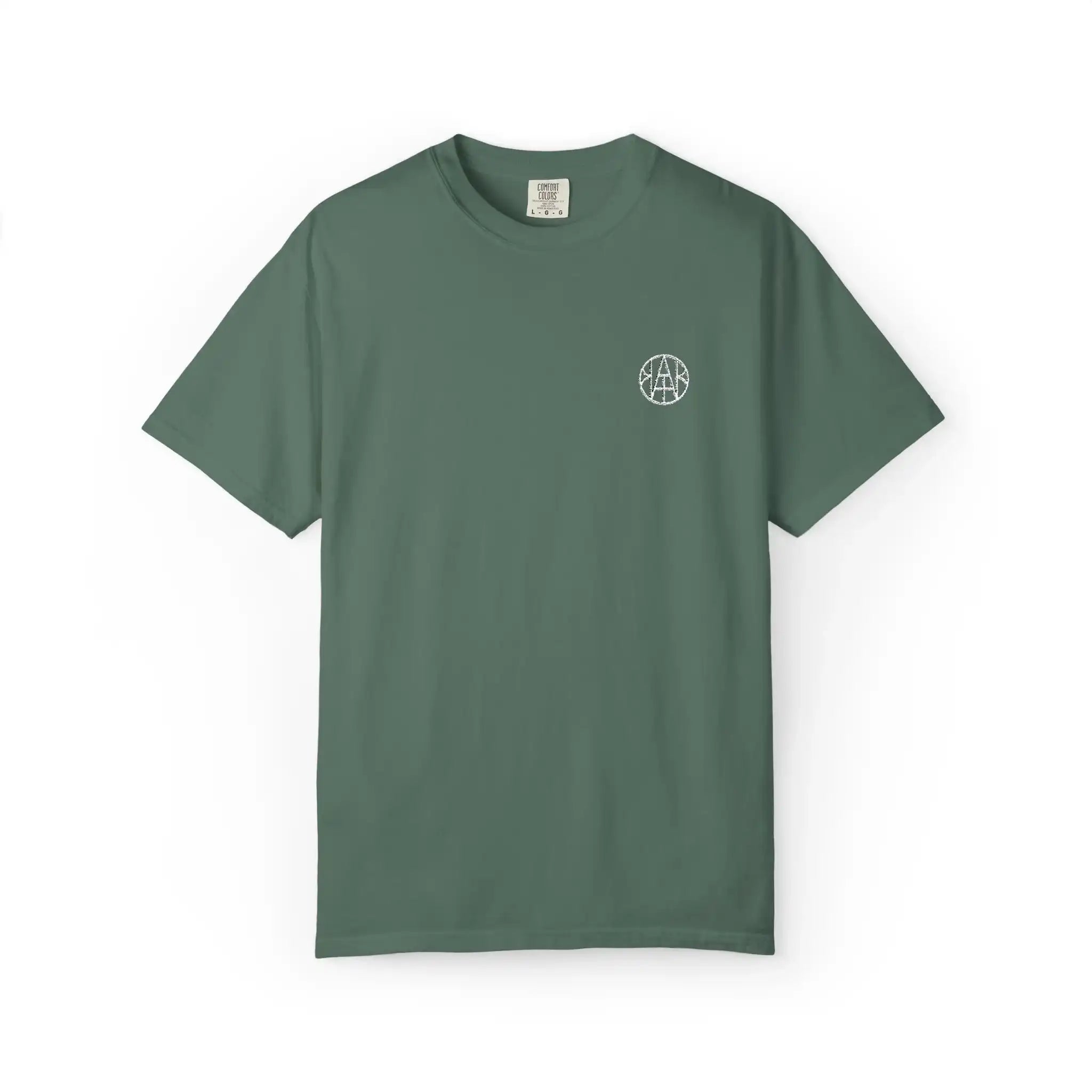 AEMBR green t-shirt with white circular logo, minimalist design on plain background