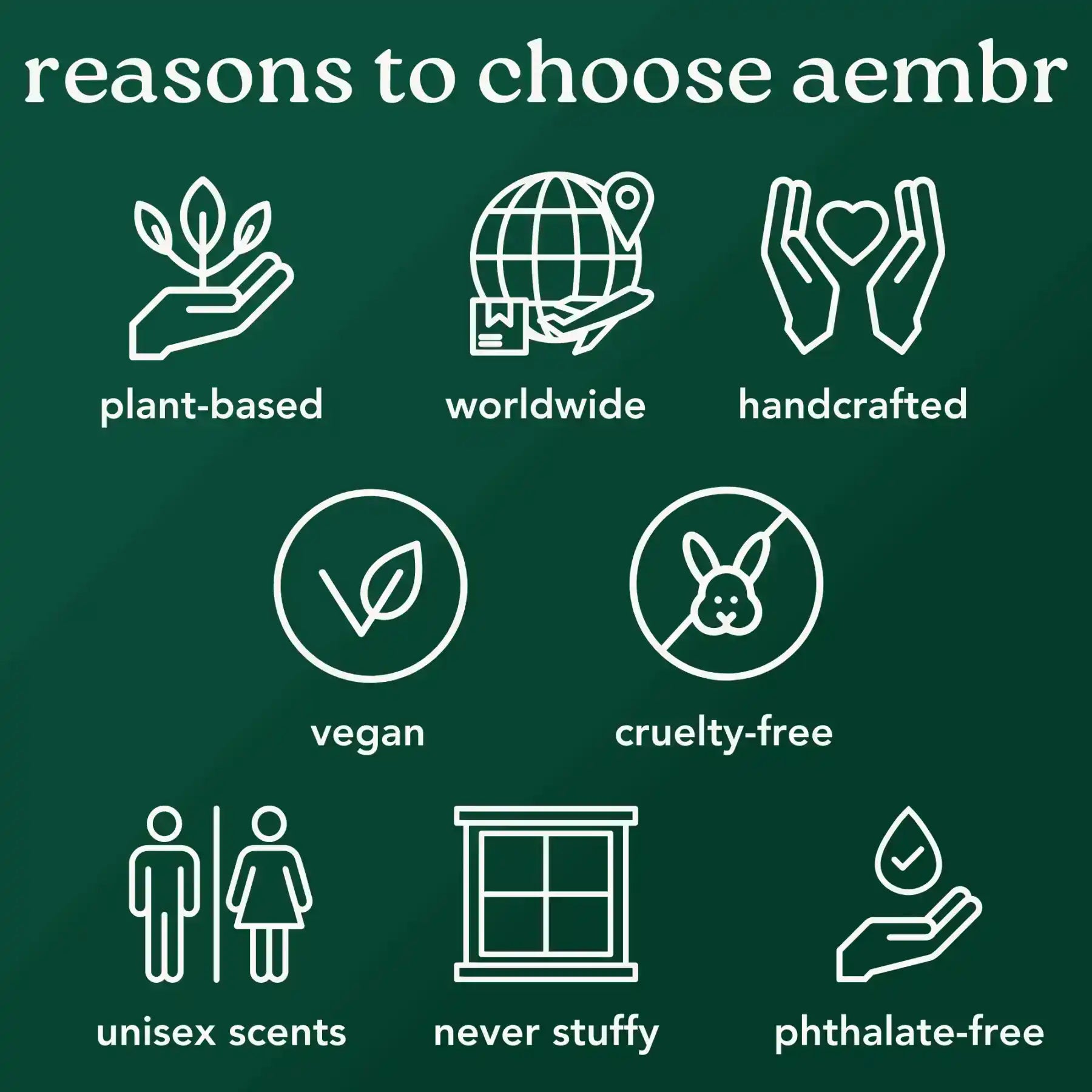 AEMBR product benefits infographic: plant-based, vegan, cruelty-free, handcrafted, phthalate-free.