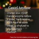 AEMBR cancel anytime policy graphic, text overlay about refunds, festive blurred background.
