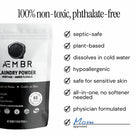 AEMBR non-toxic laundry powder bag with key features like plant-based, hypoallergenic, safe for sensitive skin, and physician formulated listed beside it.