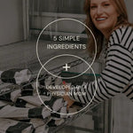 Smiling woman in striped shirt stocking AEMBR non-toxic detergent bags on metal shelf, text overlay highlights five simple ingredients and physician mom development.