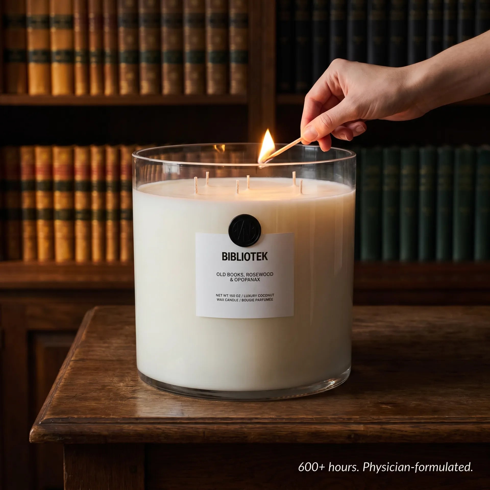 AEMBR Valkyrie Bibliotek candle with intricate design, tall white wax candle in a decorative holder, ideal for Scandinavian-inspired decor.