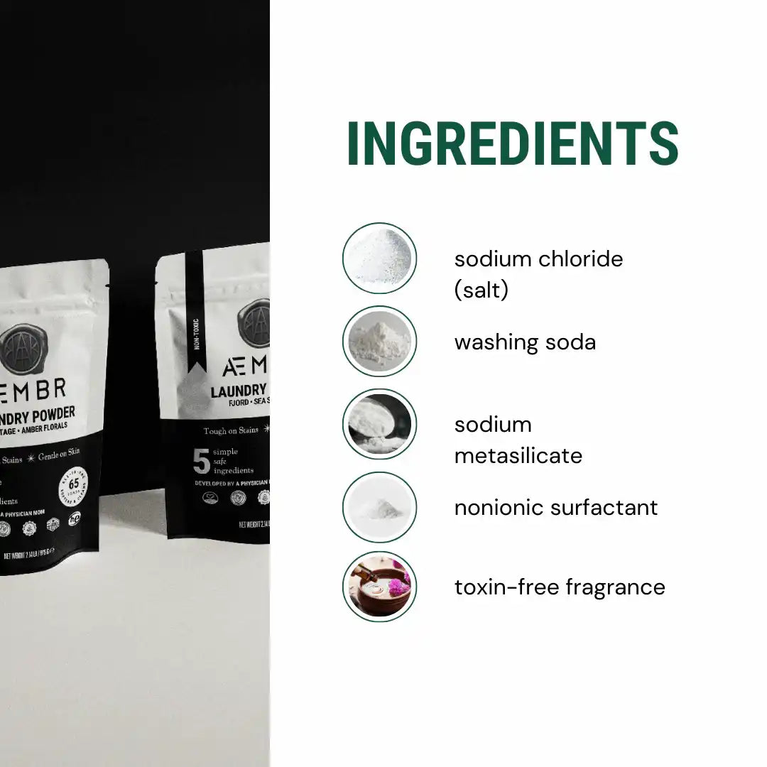 AEMBR laundry powder ingredient list with product packs, highlighting non-toxic laundry detergent ingredients.