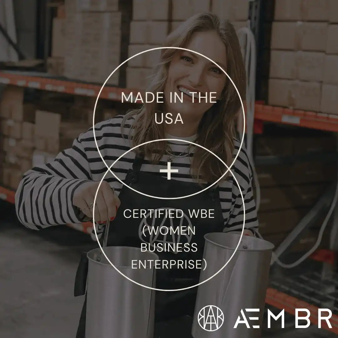 AEMBR founder in warehouse pouring candles, text highlights Made in USA and WBE certification