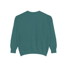 AEMBR teal crewneck sweatshirt, back view, plain design on white background