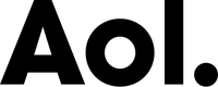 Black and white AOL logo with stylized triangle and simple text on white background