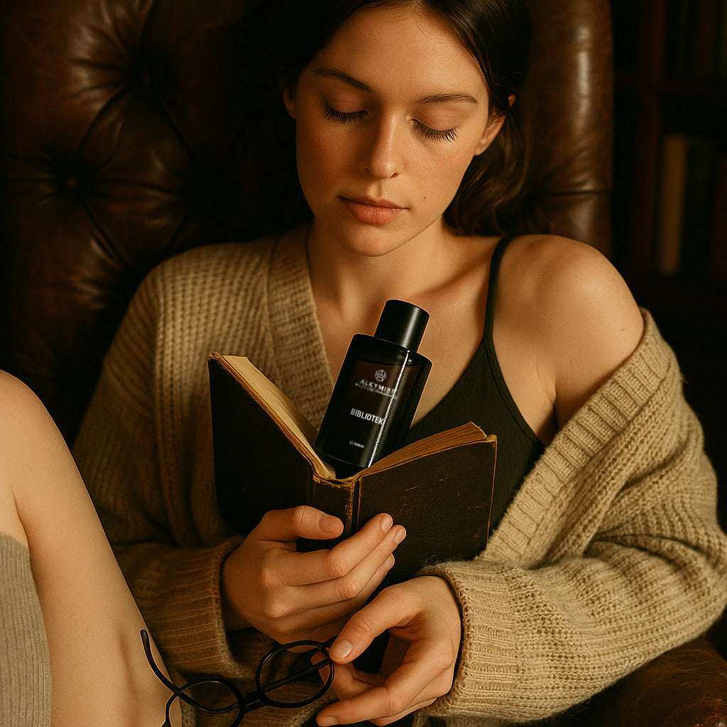 Woman reading in cozy chair holding AEMBR BIBLIOTEK bottle, warm home atmosphere