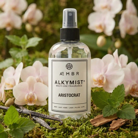 Non-toxic multi-use fragrance spray bottle on moss with vanilla, orchid flowers, and greenery
