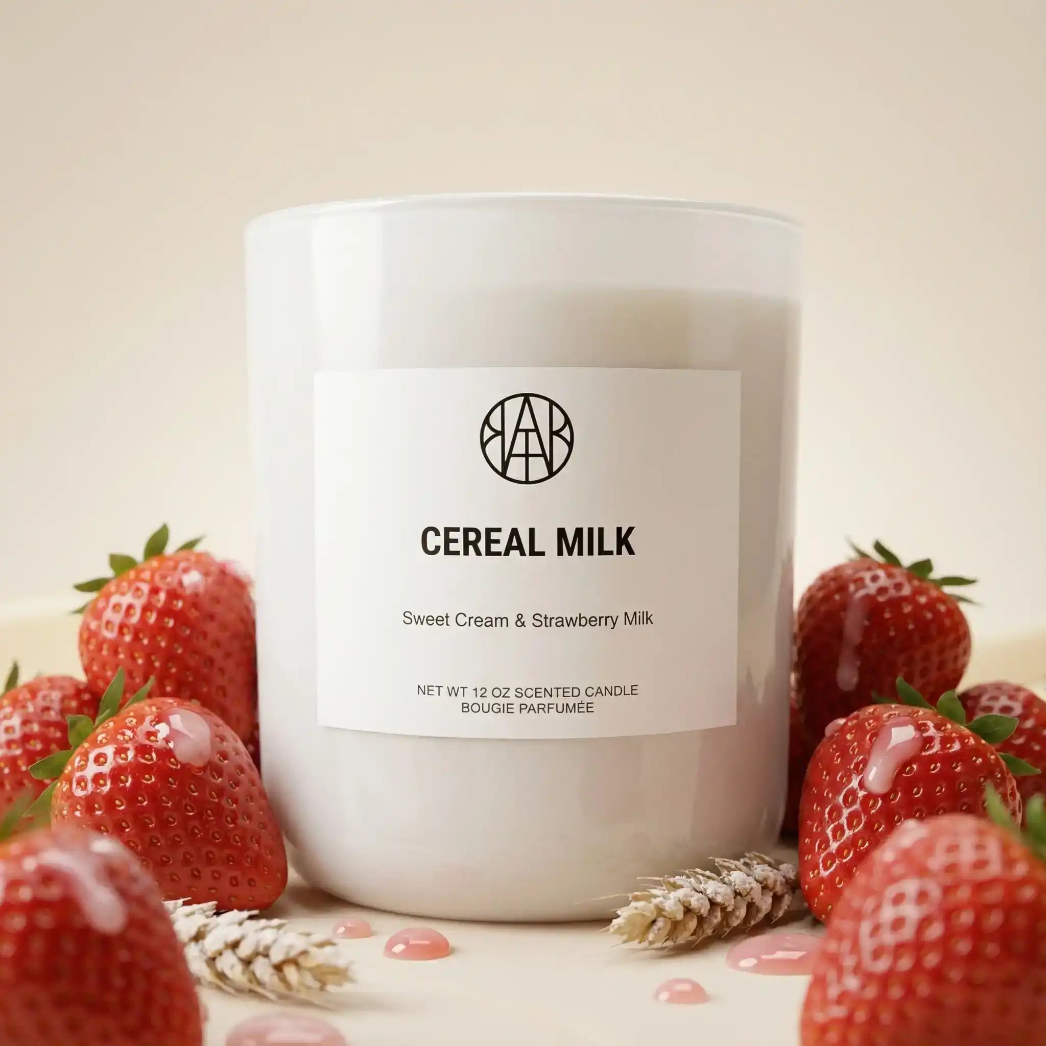 AEMBR Cereal Milk candle in white jar with strawberries and wheat, sweet cream & strawberry scent